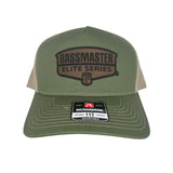 BASSMASTER ELITE SERIES Leather Logo Richardson 112 Trucker Snapback Army Olive Green/ Tan
